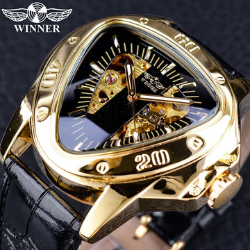 Top Brand Luxury Steampunk Fashion Triangle Golden Skeleton Movement Mysterious Automatic Mechanical Wrist Watches
